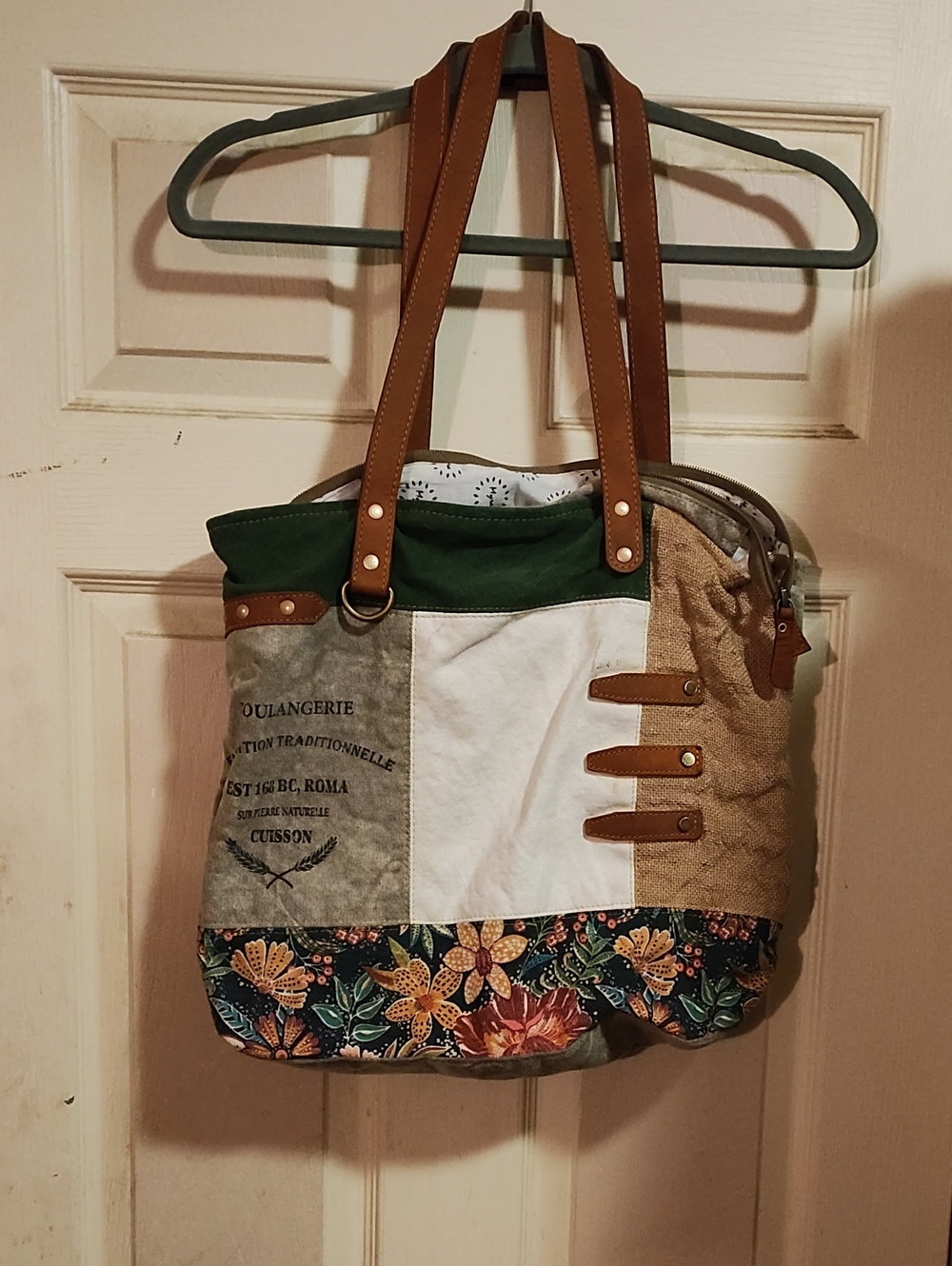 Myra Bag Patchwork Floral Canvas Tote Bag in Green and Brown